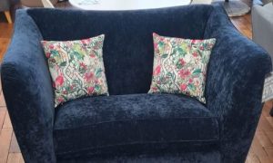 Sofa with two plush velvet cushions