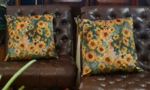 Sofa with plush velvet cushions