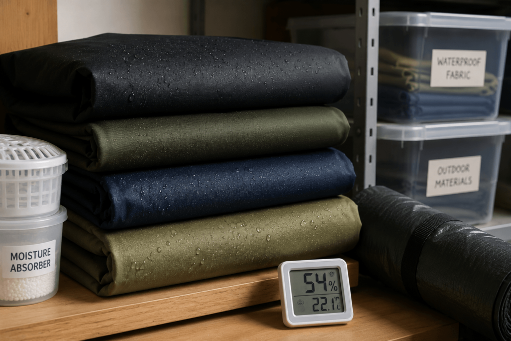 Folded waterproof fabrics neatly stored on industrial shelving in a clean, organised storage room.