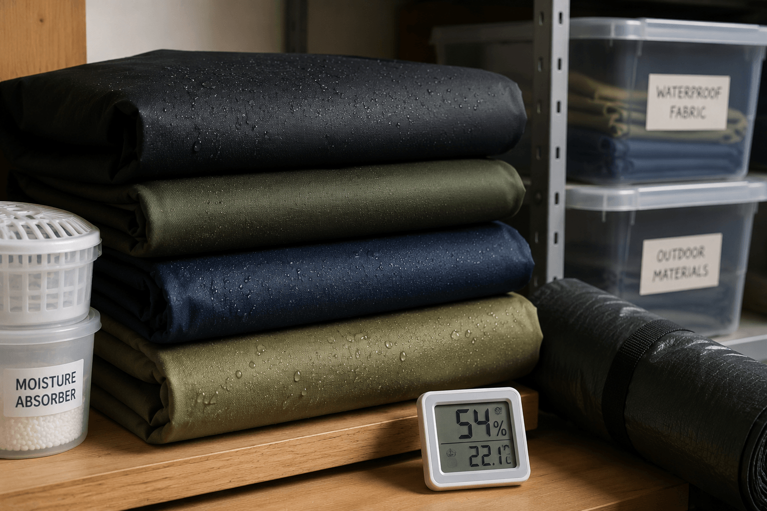 Folded waterproof fabrics neatly stored on industrial shelving in a clean, organised storage room.