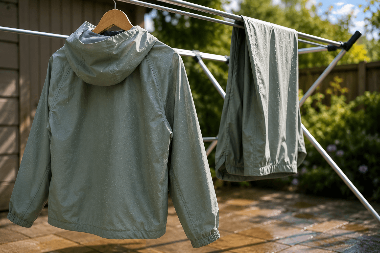 Lightweight waterproof jacket and trousers hanging on an outdoor clothes airer to dry naturally.