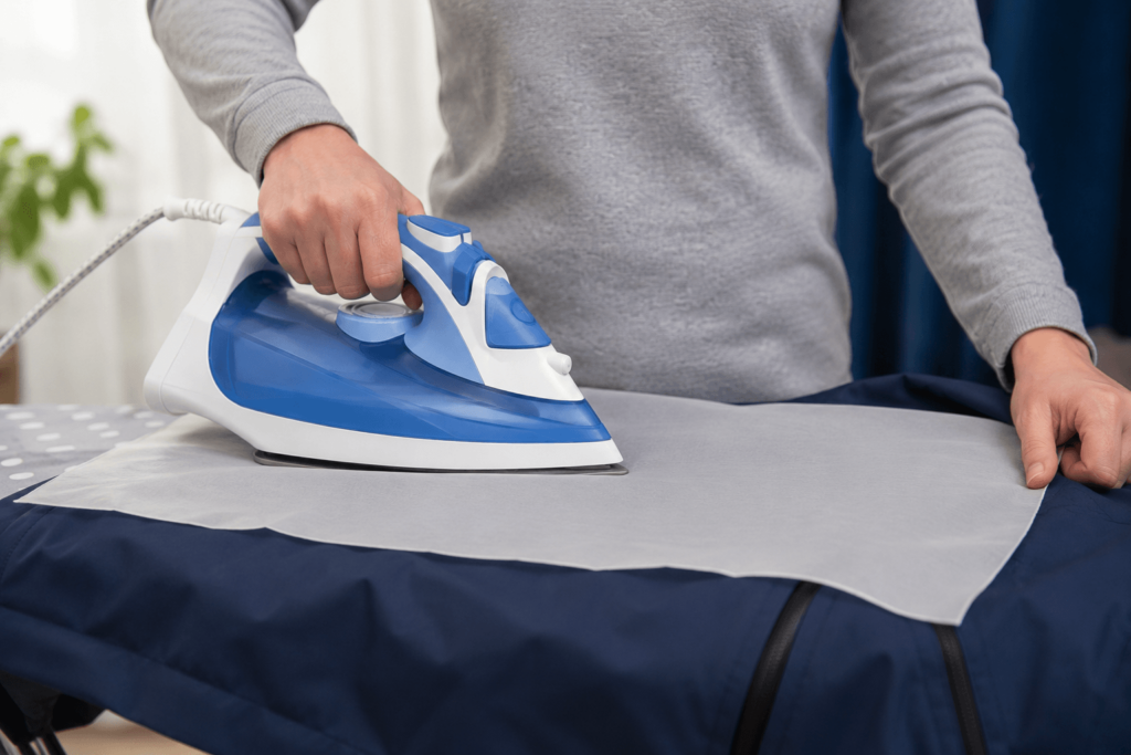Steam iron gliding over a protective pressing cloth placed on top of waterproof fabric.