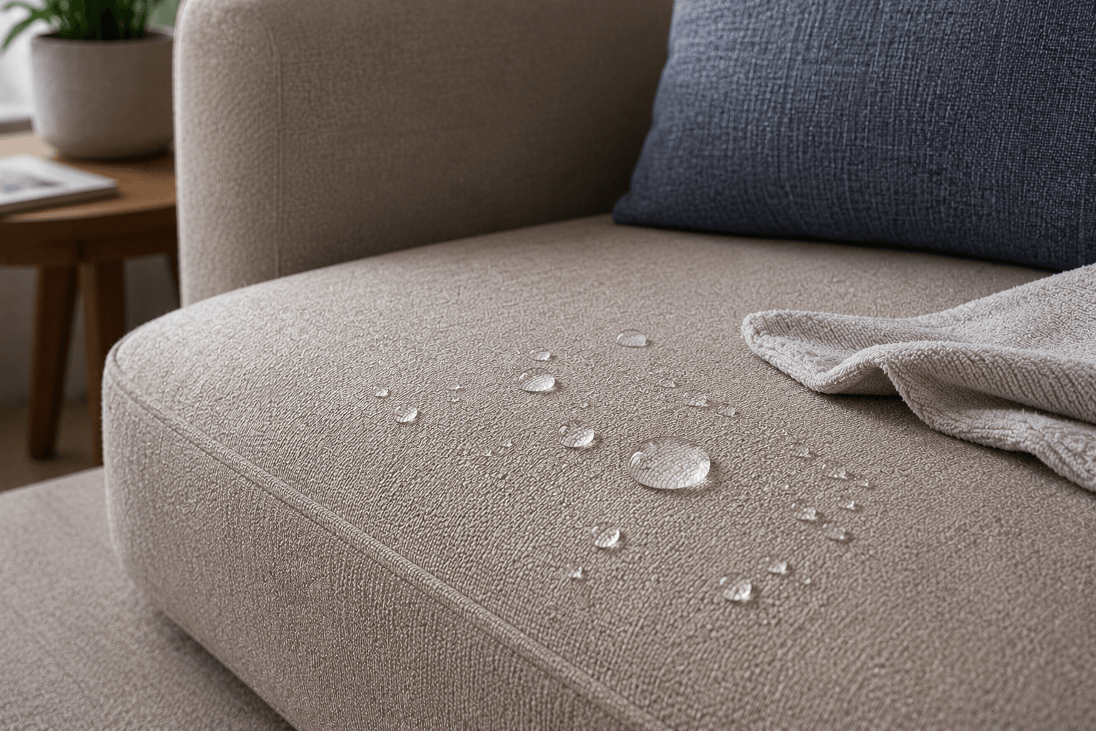 Close-up of waterproof upholstered sofa fabric with water droplets and a folded cleaning cloth.