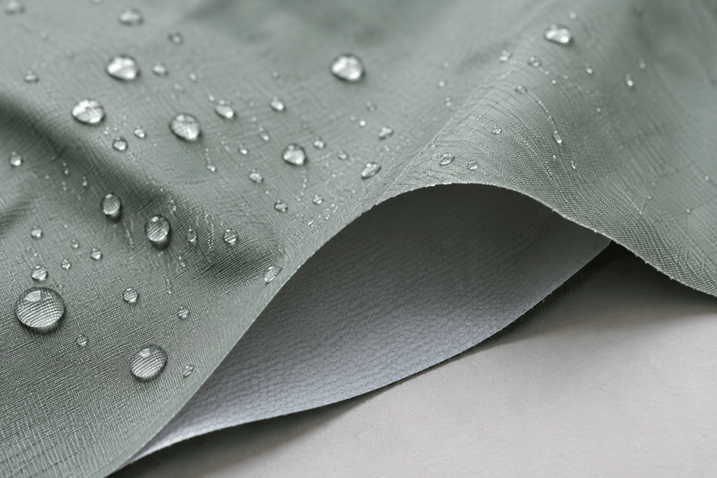 Close-up of lightweight waterproof fabric with water droplets beading on the surface.