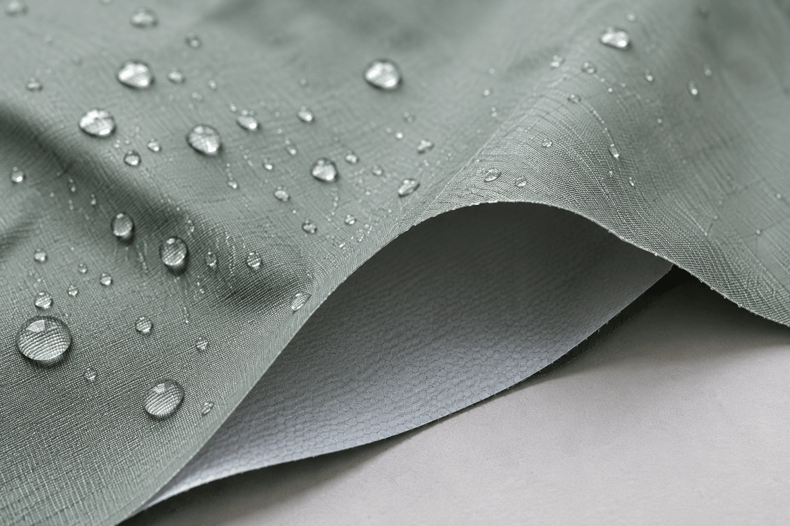 Close-up of lightweight waterproof fabric with water droplets beading on the surface.