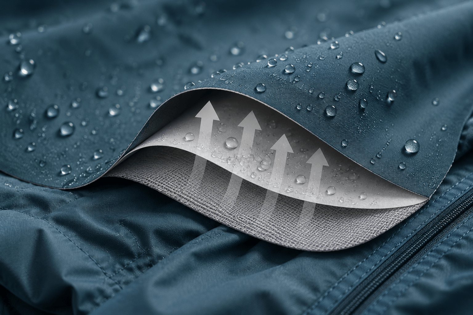Close-up of layered waterproof breathable fabric showing its protective construction and breathable membrane.
