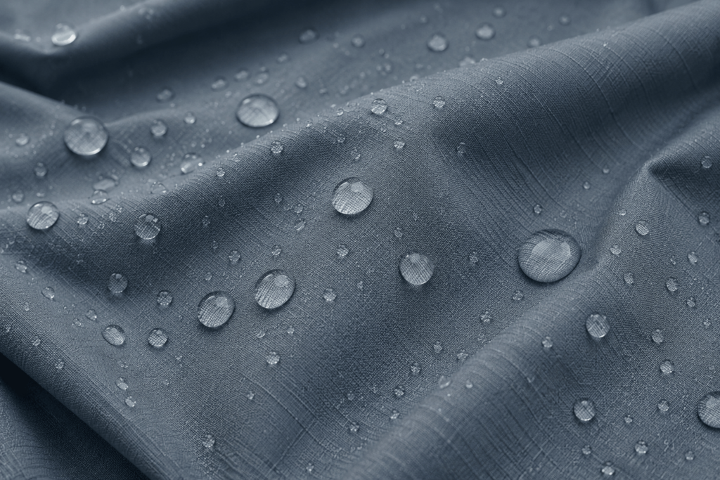 Close-up of waterproof fabric with water droplets beading across the textured surface.