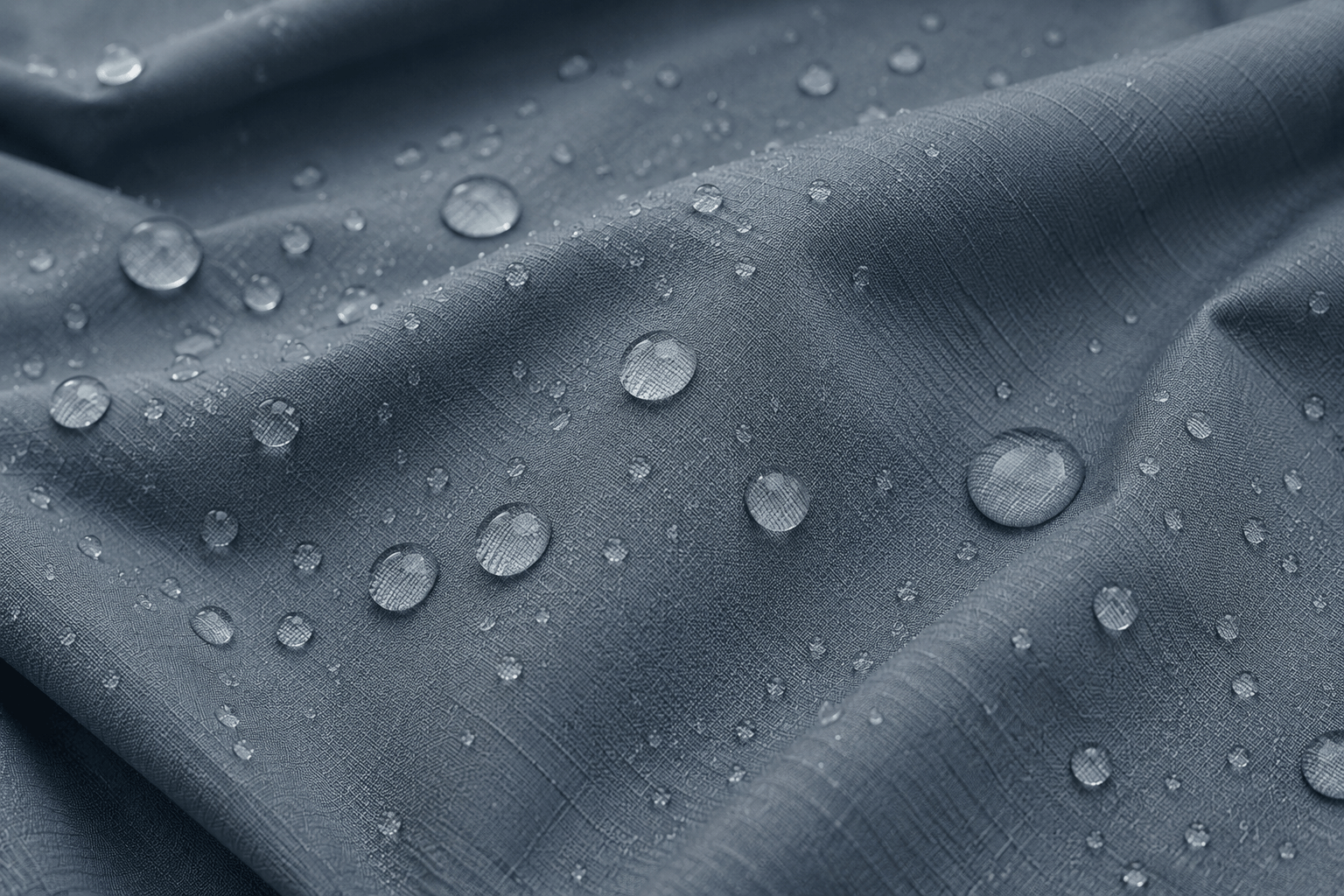 Close-up of waterproof fabric with water droplets beading across the textured surface.