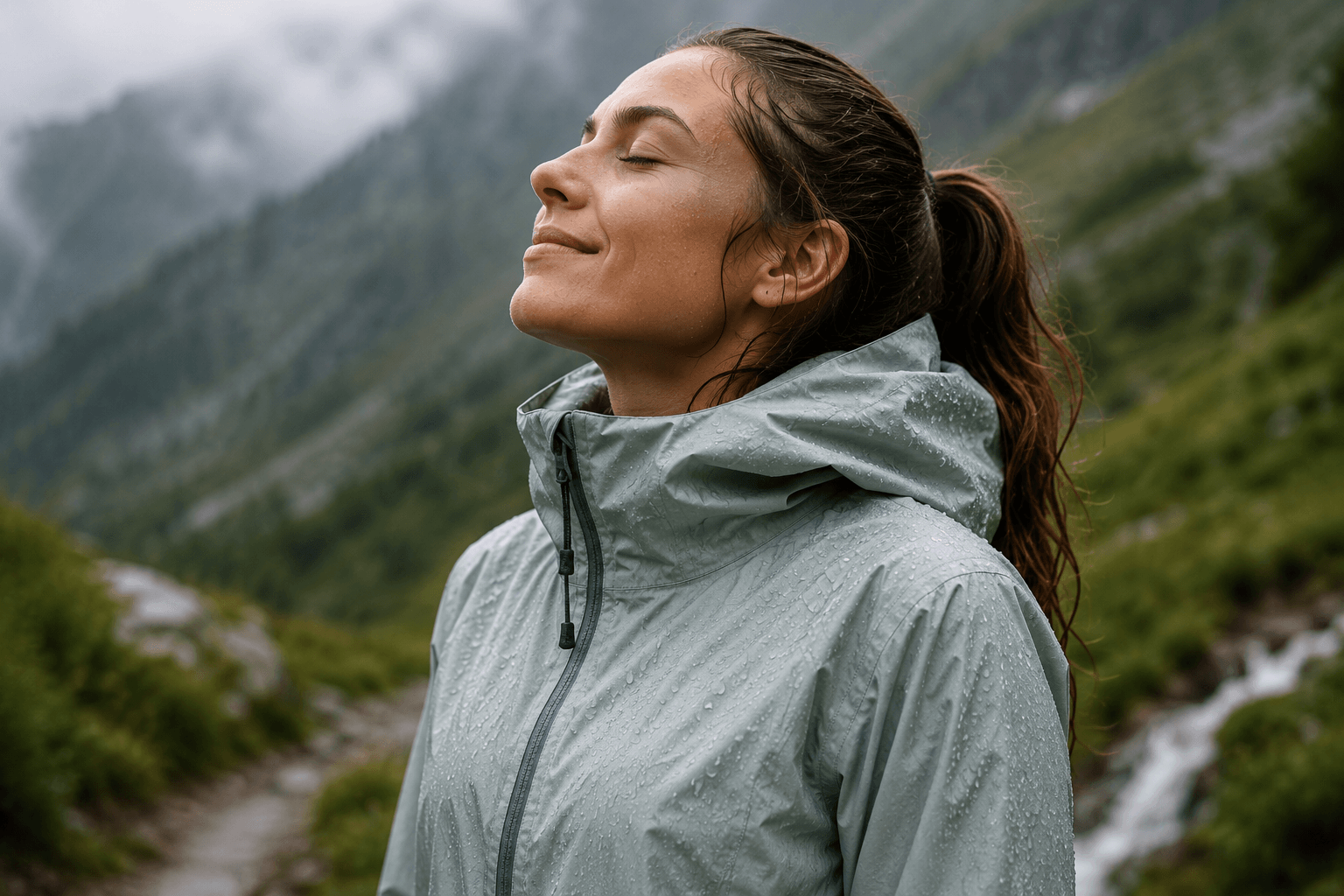 Woman wearing a breathable waterproof jacket outdoors in cool mountain conditions after rainfall.