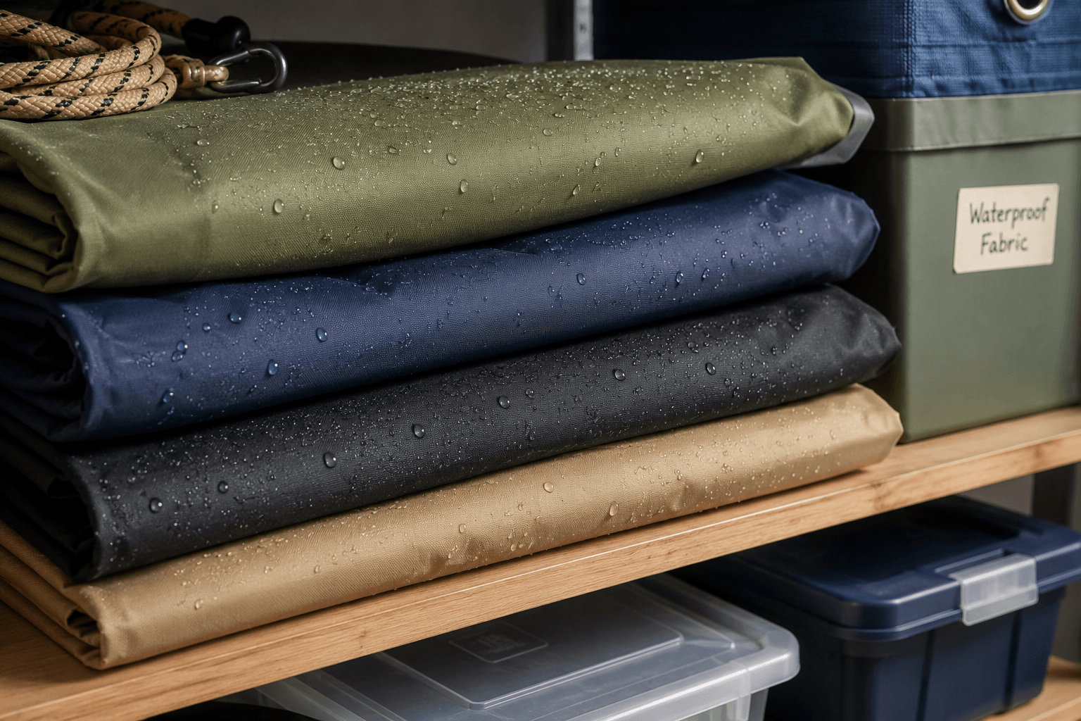 Neatly folded waterproof fabrics stored on a wooden shelf with water-resistant surfaces clearly visible.