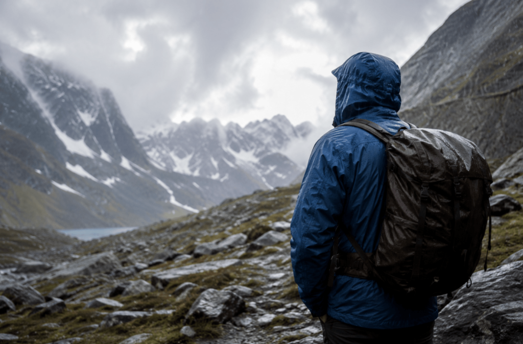 Hiker wearing a waterproof breathable jacket and backpack while walking through a wet mountain landscape in rainy weather.