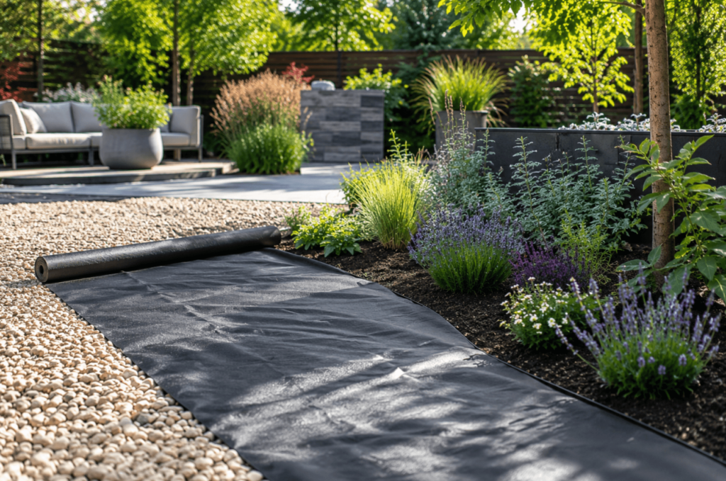 Breathable black garden fabric installed beneath decorative gravel in a contemporary garden with patio furniture, planting beds and outdoor lighting.