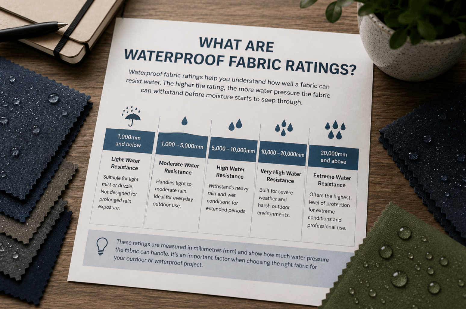 Fabric swatches with water droplets displayed beside a waterproof fabric ratings chart showing different levels of water protection.