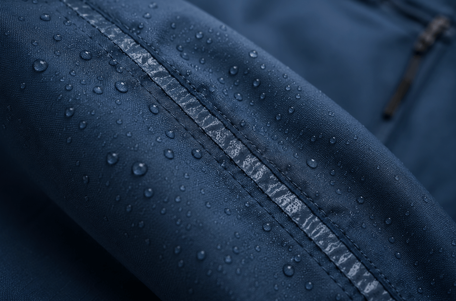 Collection of waterproof jackets and fabric panels with sealed seams and water droplets demonstrating effective seam sealing.