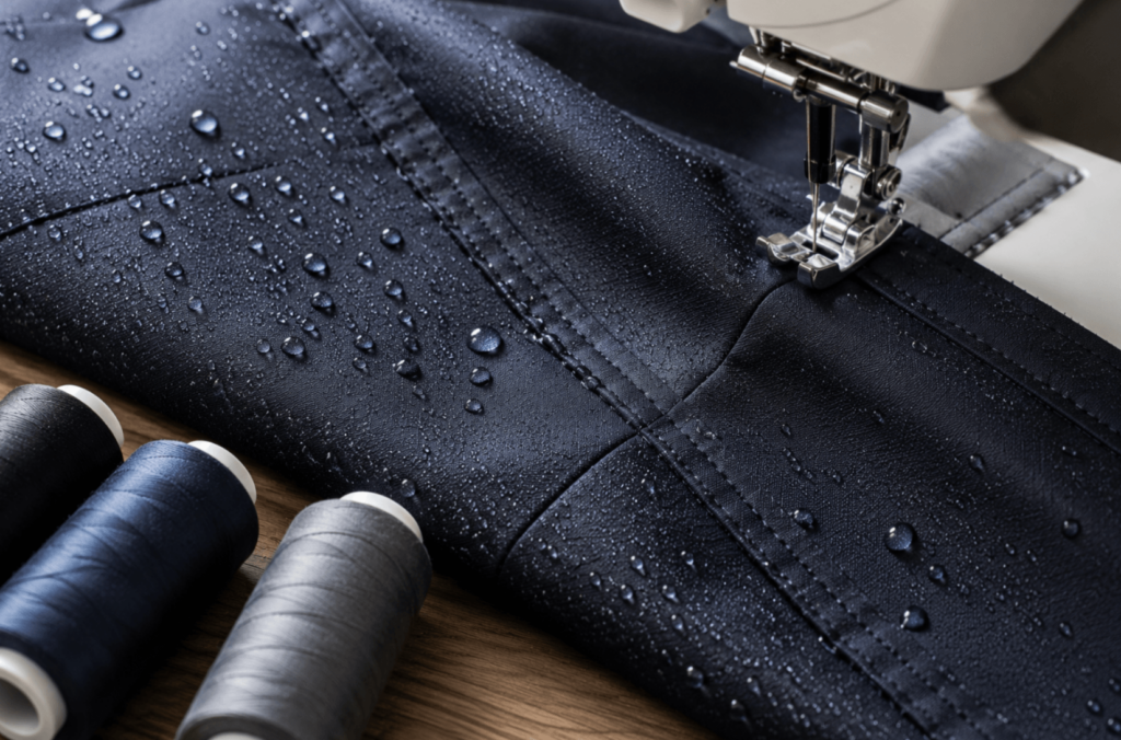 Close-up of a sewing machine stitching a waterproof fabric seam with water droplets highlighting the fabric's water-resistant surface.