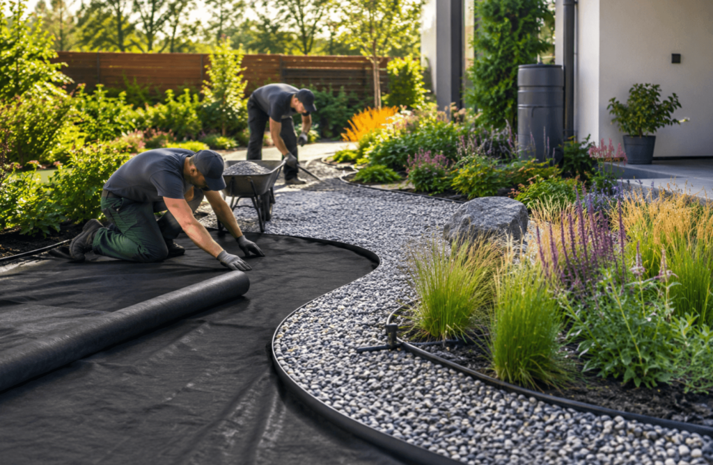 Garden landscapers installing black waterproof weed control fabric in a modern garden with curved gravel paths, flowering borders and established plants.