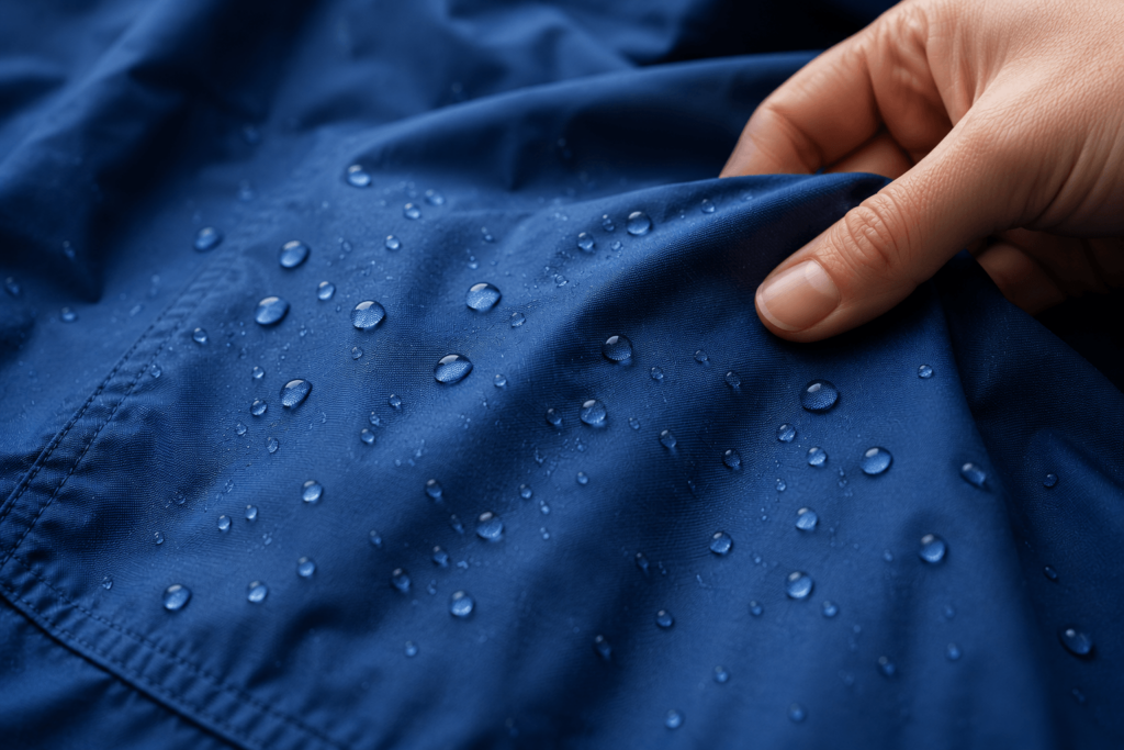Close-up of blue waterproof fabric with water droplets showing the protective water-repellent coating.