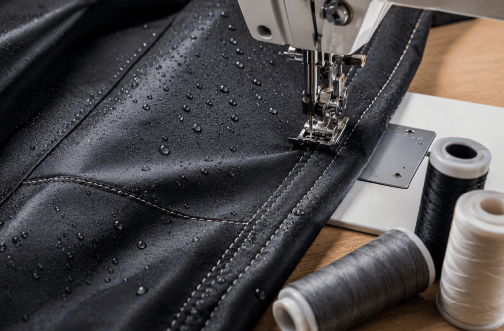 Heavy-duty sewing machine creating reinforced stitching on waterproof fabric with thread spools beside the sewing workspace.