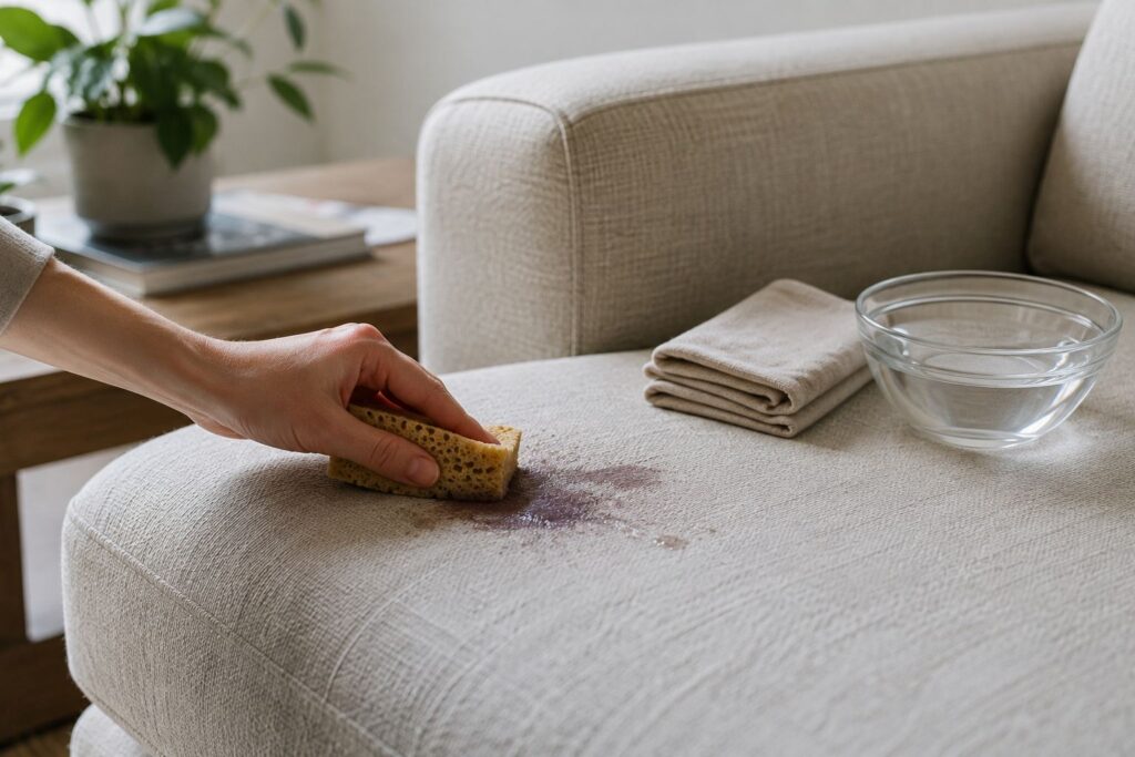 Person using a sponge to clean a dark stain from a light linen sofa