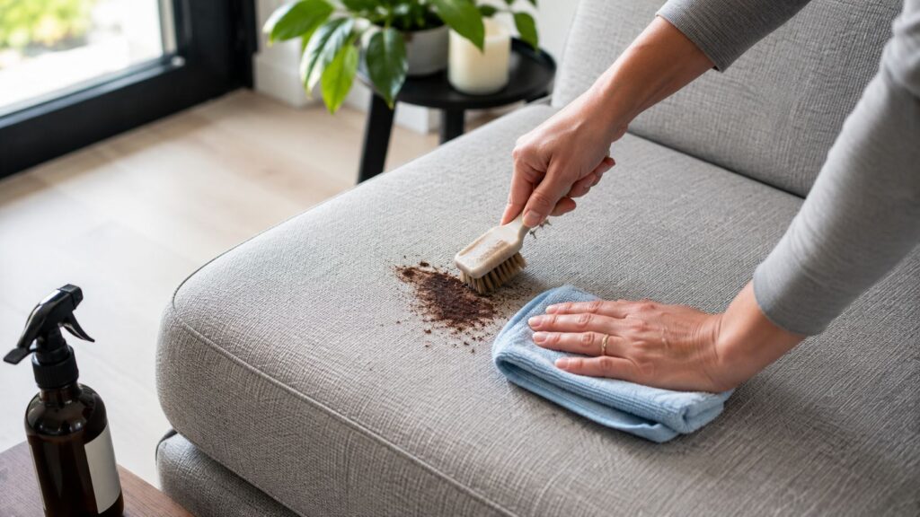 Person cleaning a chocolate stain from a grey upholstered sofa using a soft brush and cloth