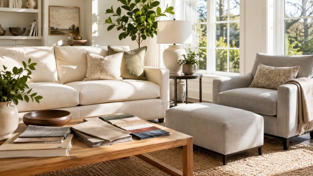 Sunlight falling across a cream upholstered sofa with textured cushions in a bright living room