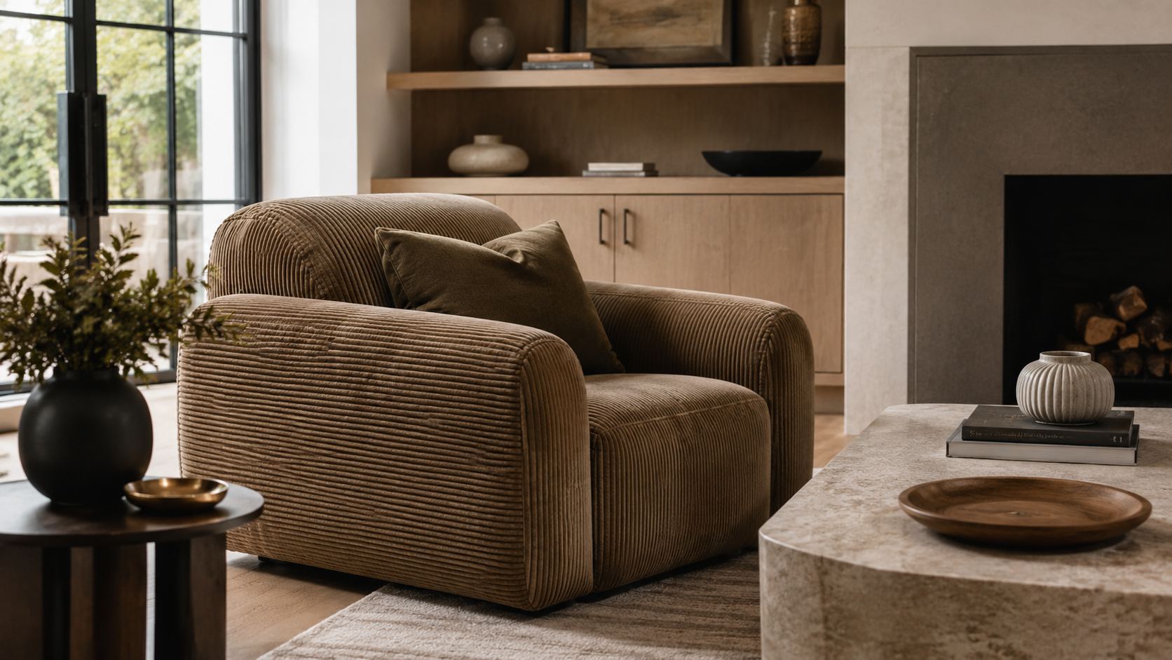 Brown rib corduroy armchair in a stylish modern living room with warm neutral decor