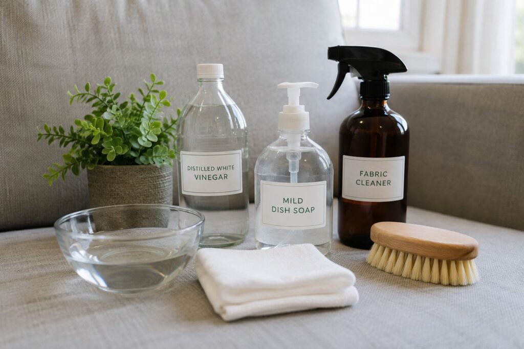 Selection of gentle upholstery cleaning products, cloths and a soft brush arranged on a fabric sofa