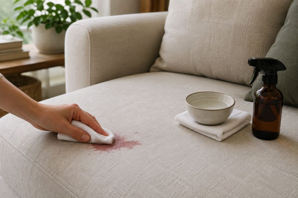 Person blotting a red stain from a light linen sofa with a white cloth and cleaning solution