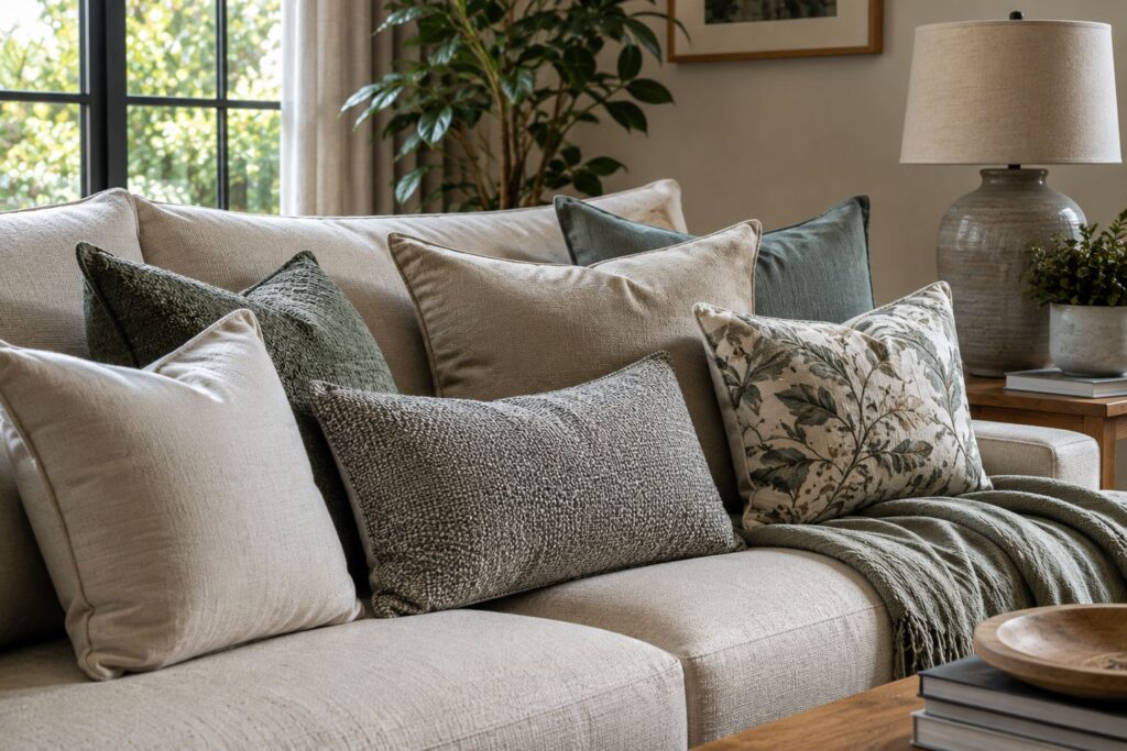 Close-up of a sofa styled with textured and patterned cushions in a range of upholstery fabrics