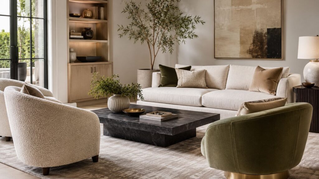Selection of premium upholstery fabric samples in neutral and dark tones arranged on a designer table
