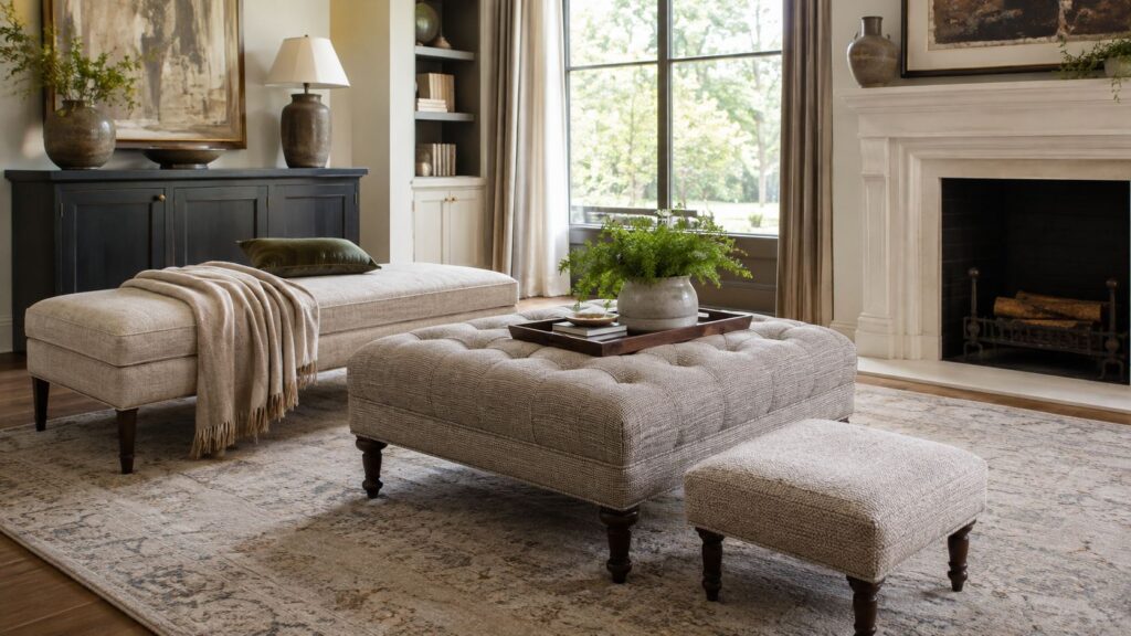 Upholstered ottoman, footstool and bench finished in neutral fabric in a stylish living room