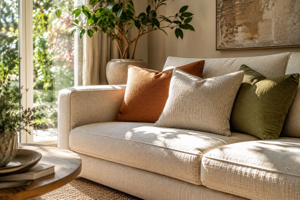 Bright living room with upholstered sofa and armchair beside fabric samples on a wooden coffee table