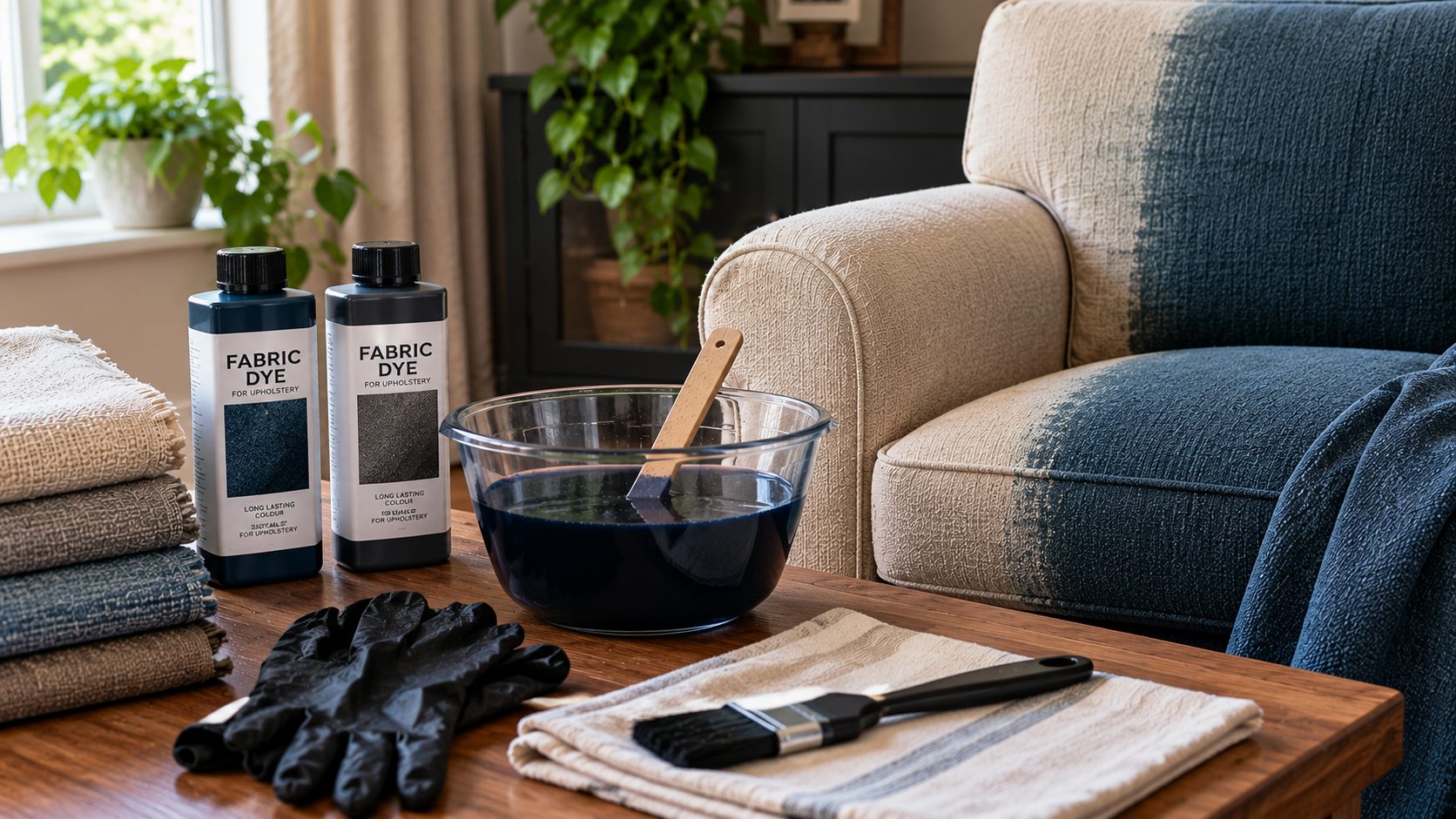 Fabric dye bottles, gloves and dye solution beside an armchair being dyed from cream to dark blue.