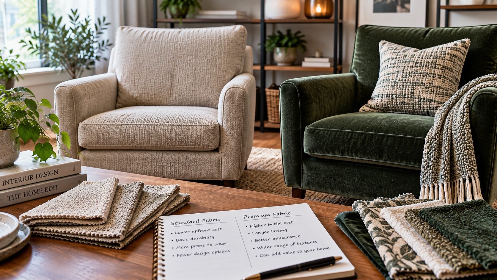 Standard and premium upholstered armchairs displayed side by side with fabric samples on a table.