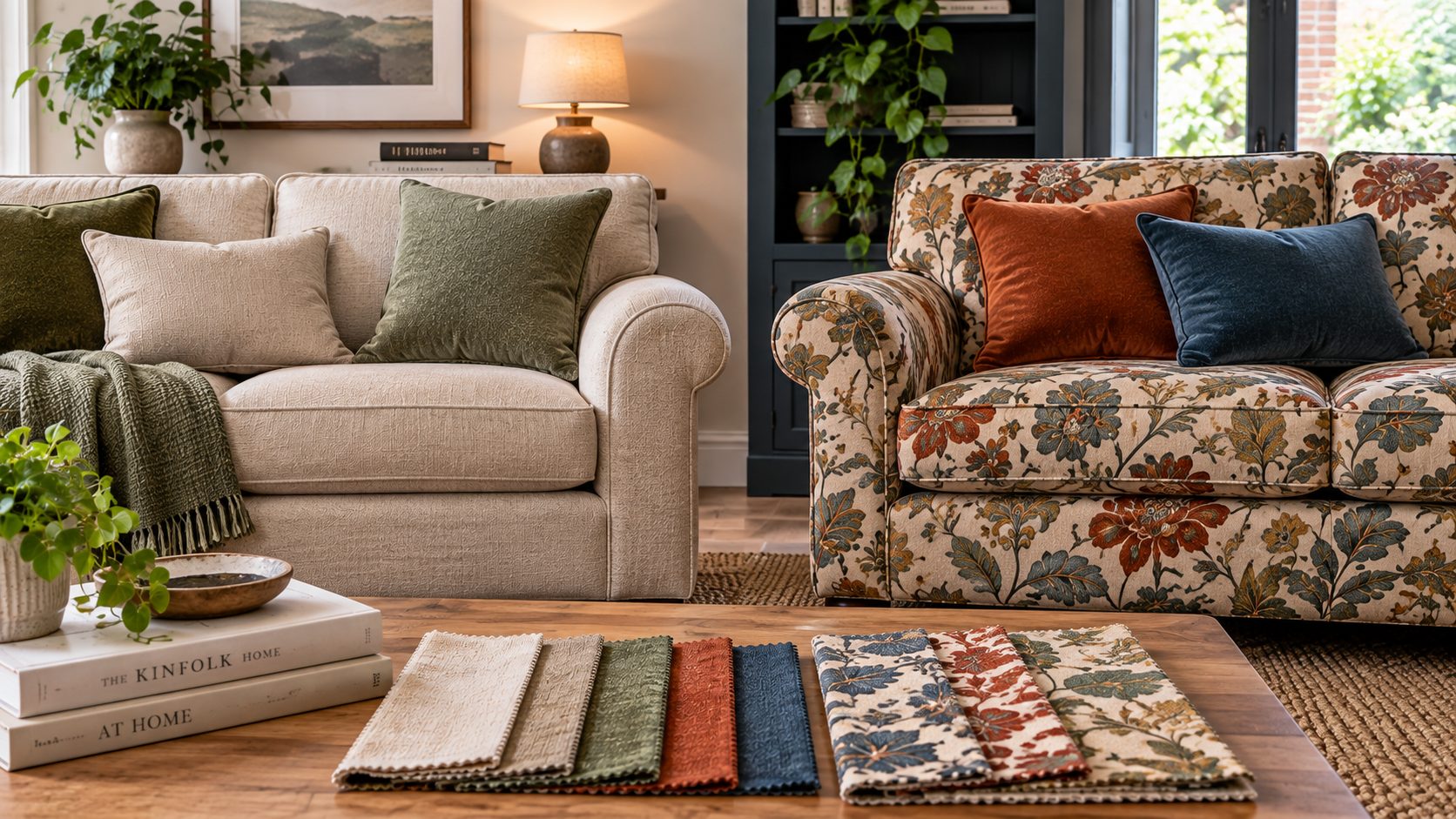 Plain cream sofa beside a floral patterned sofa with matching upholstery fabric swatches displayed on a table.