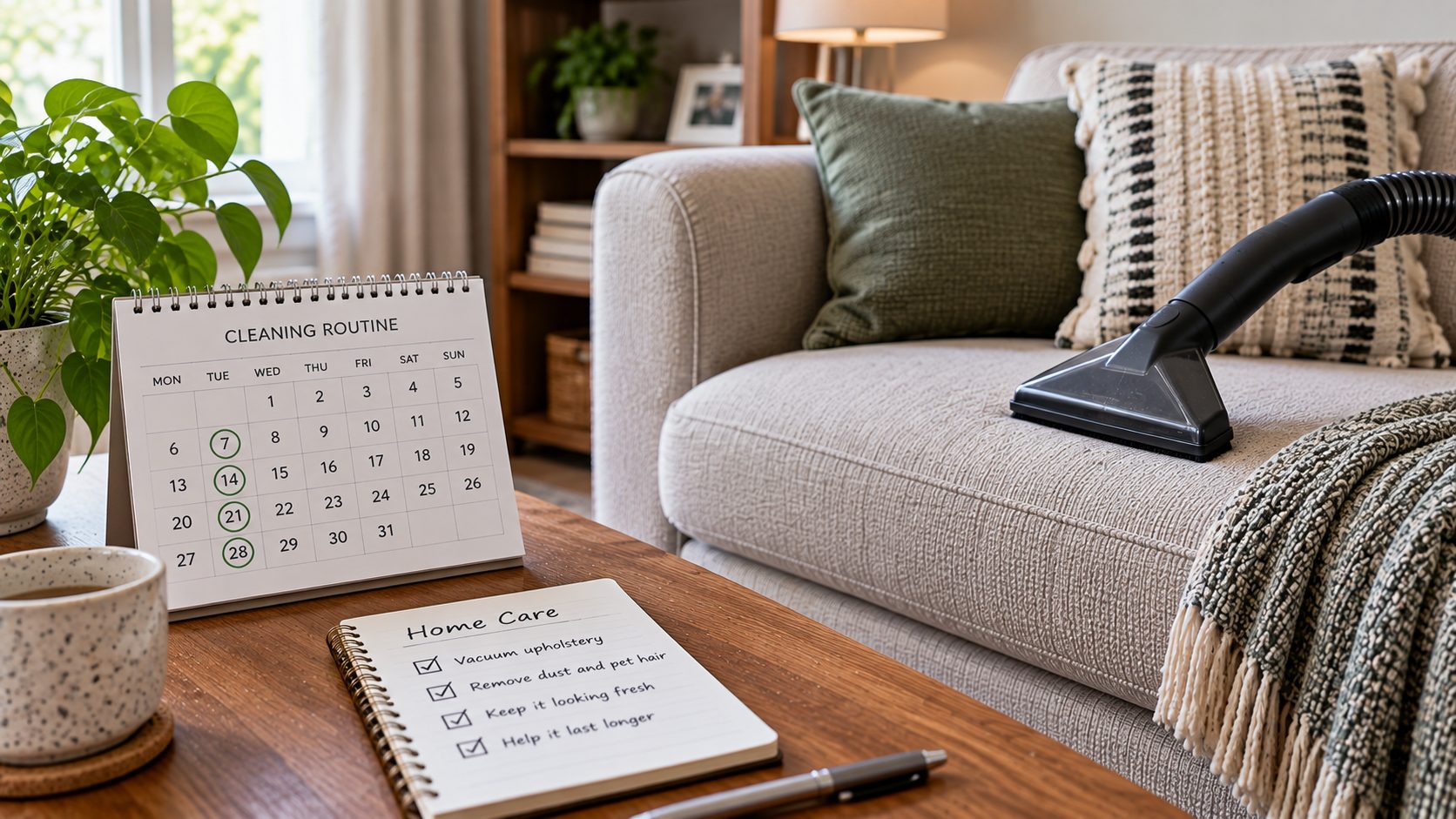 Upholstered sofa with vacuum attachment beside a weekly cleaning calendar and home care checklist.