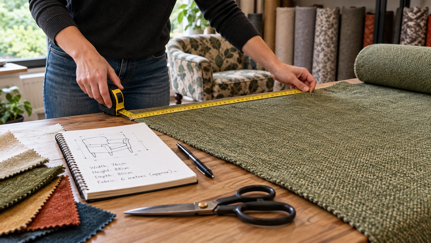 Person measuring green upholstery fabric on a table using a tape measure beside fabric swatches and upholstery tools.