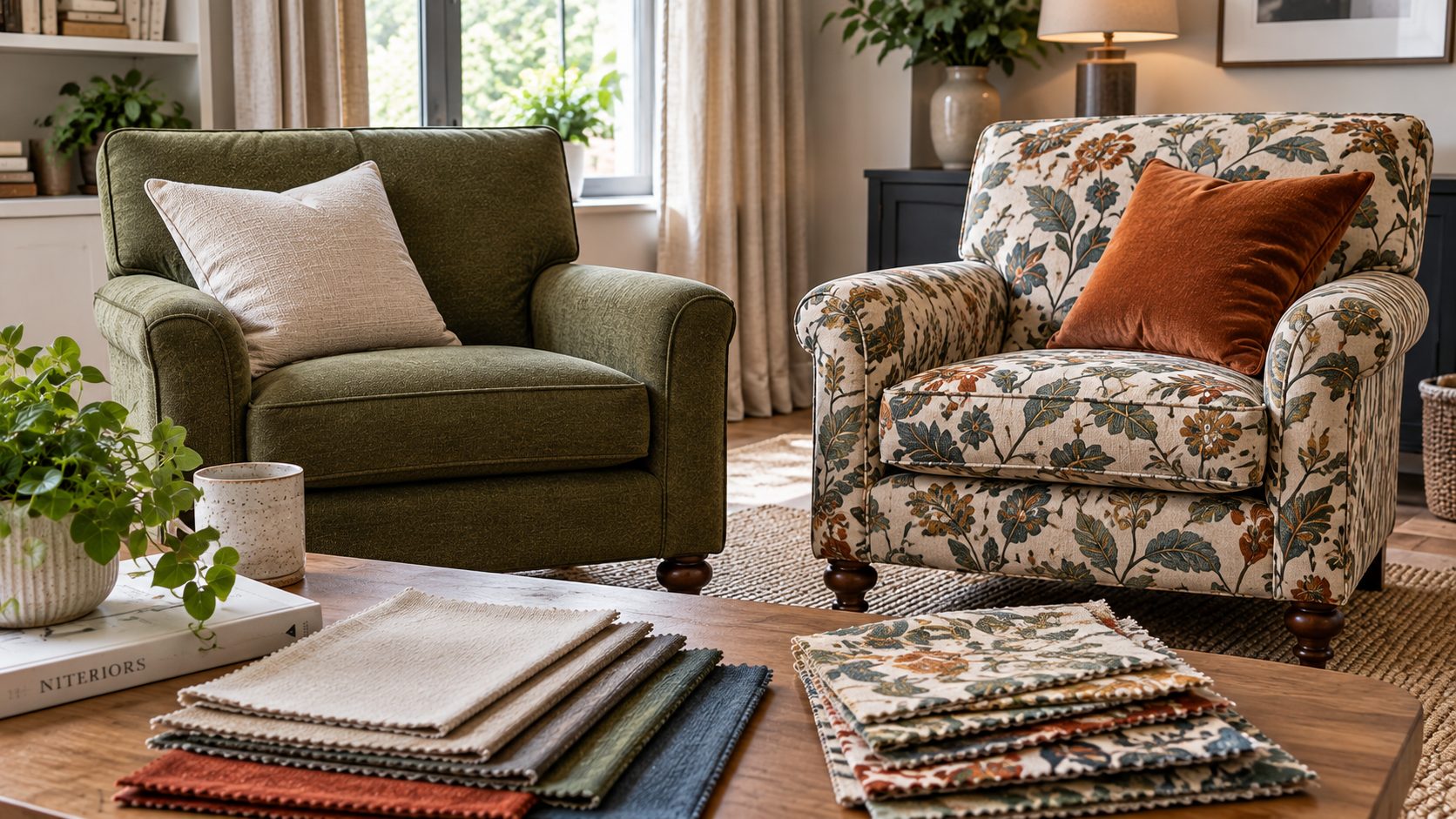 Plain green armchair beside a patterned floral armchair with upholstery fabric swatches on a coffee table.