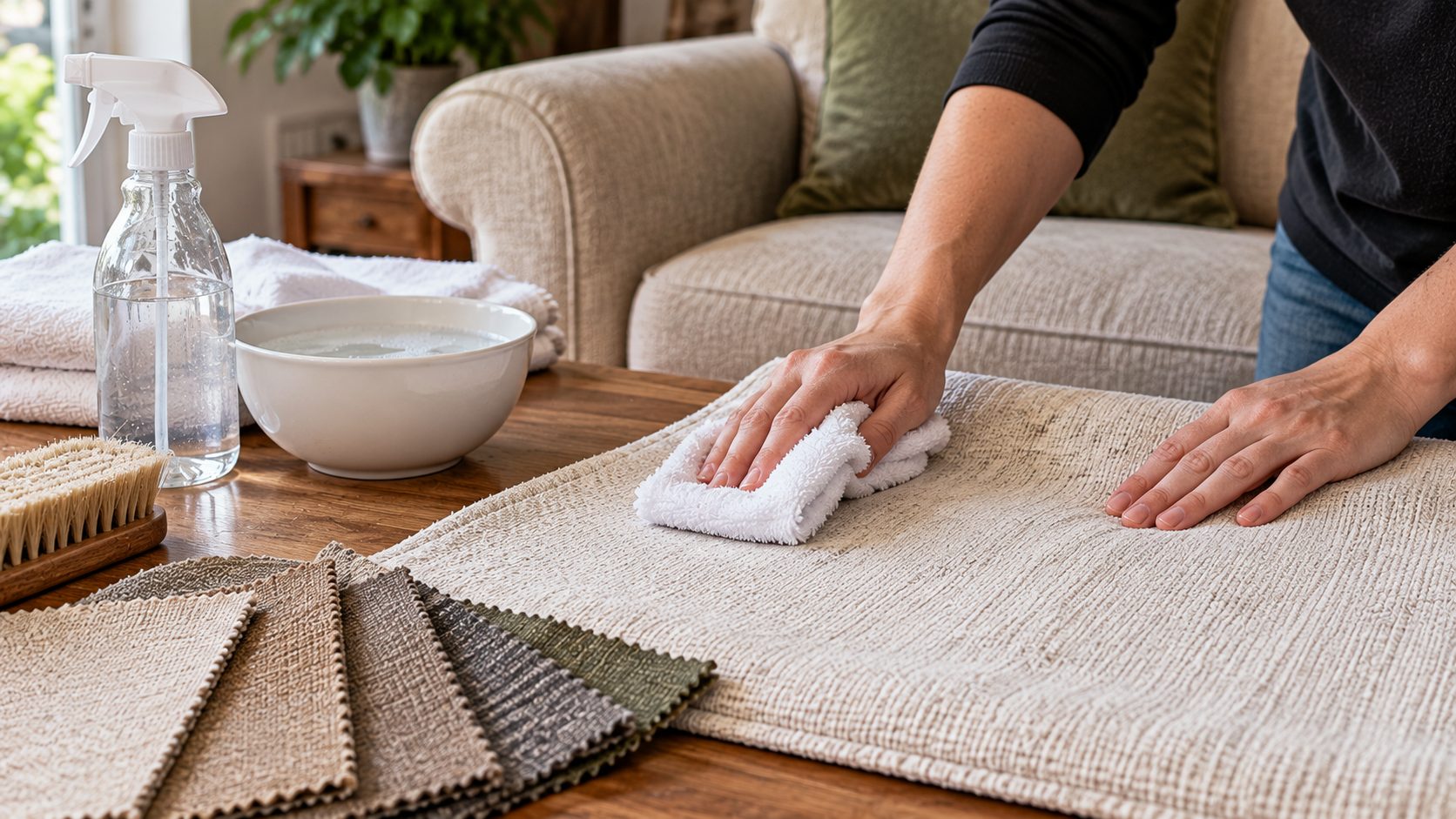 Person cleaning light upholstery fabric with a cloth before dyeing, with fabric swatches and cleaning supplies nearby.