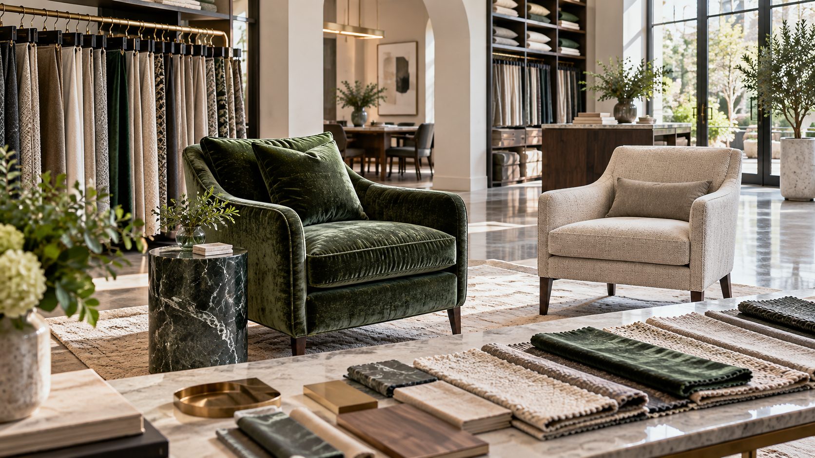Luxury upholstery showroom with premium fabric swatches and high-quality upholstered armchairs.
