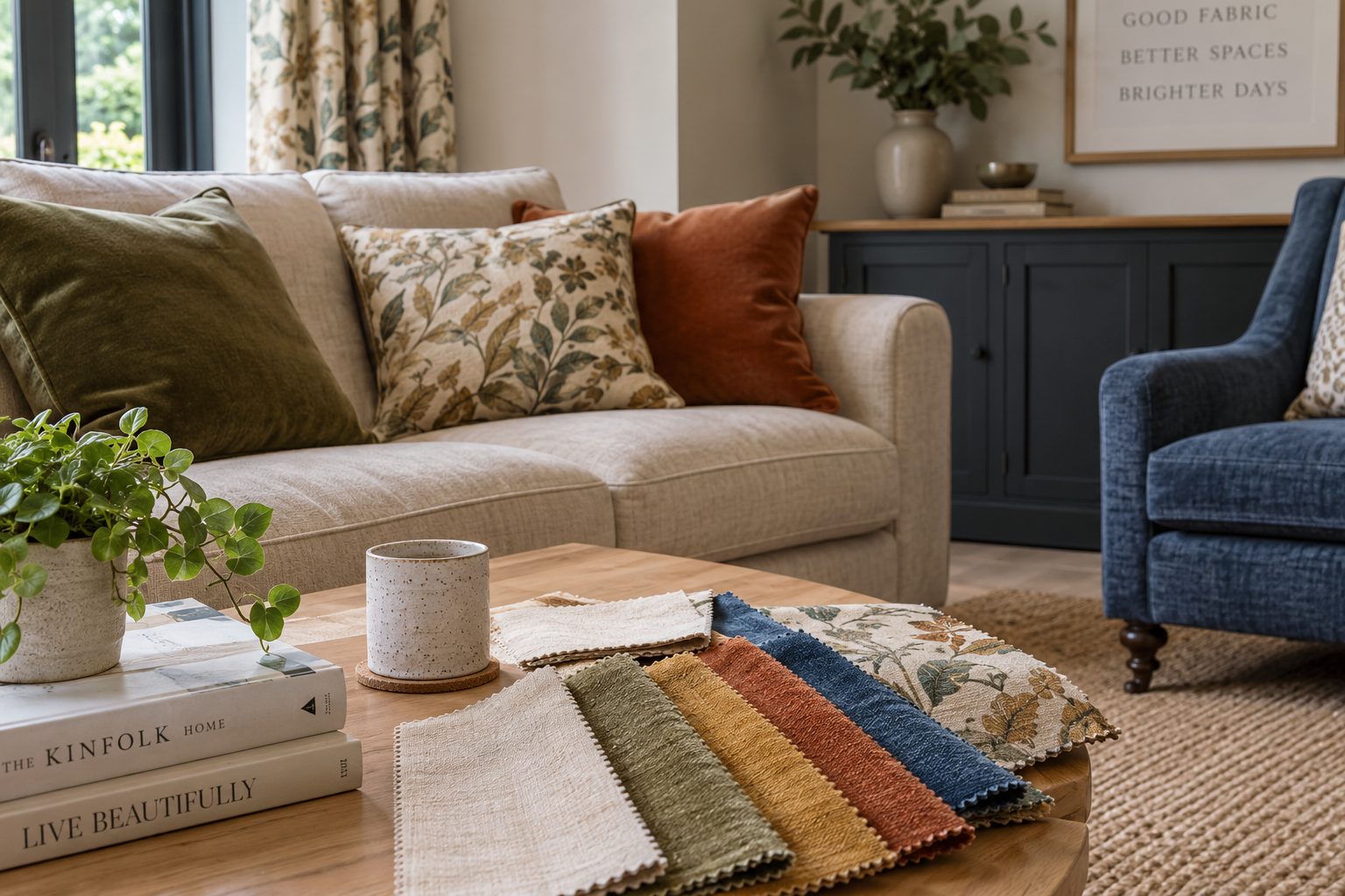 Living room with upholstered sofa and armchair, patterned cushions and a selection of upholstery fabric swatches on a coffee table.