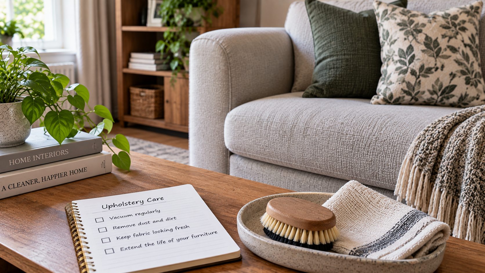 Upholstered sofa beside a cleaning checklist and brush used for regular furniture maintenance.
