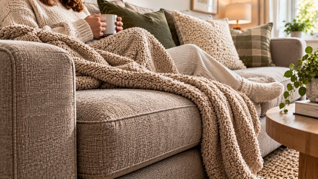 Person sitting on a grey upholstered sofa with a chunky cream blanket, showing how clothing and blankets rub against sofa fabric.