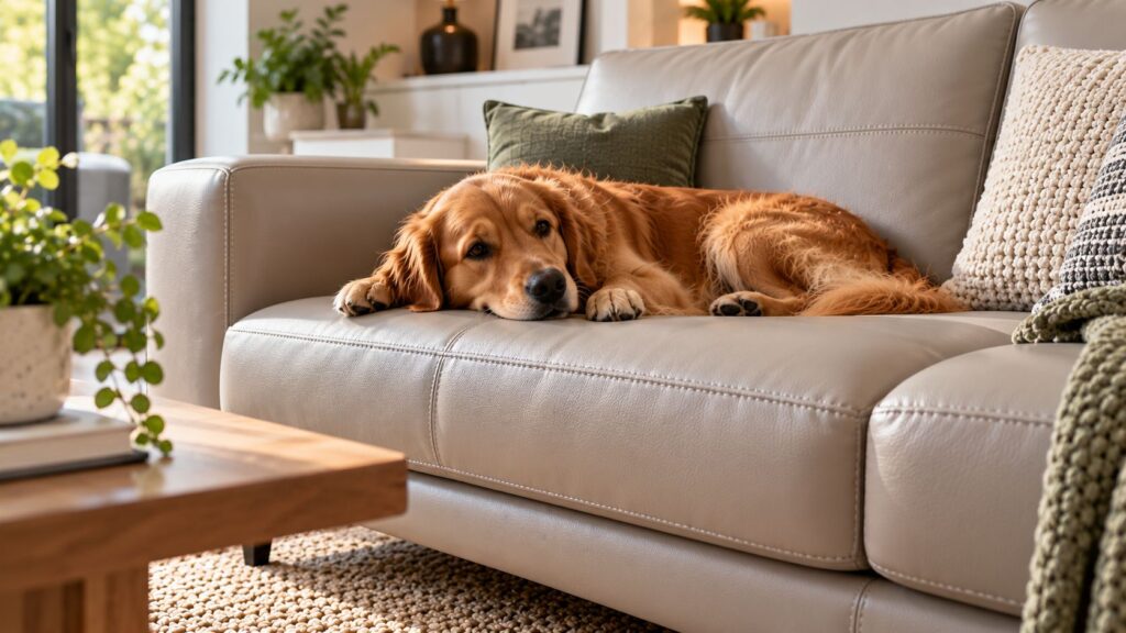 Golden retriever lying on a textured fabric sofa with a selection of upholstery fabric samples in neutral and green shades.