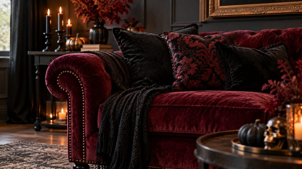 Burgundy velvet sofa with black patterned cushions and a dark throw in a Gothic-inspired Halloween living room.