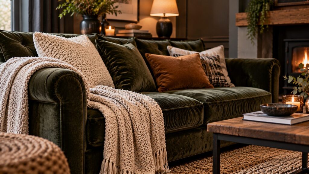 Dark olive green velvet sofa styled with chunky knitted throws and contrasting textured cushions in a warm living room.