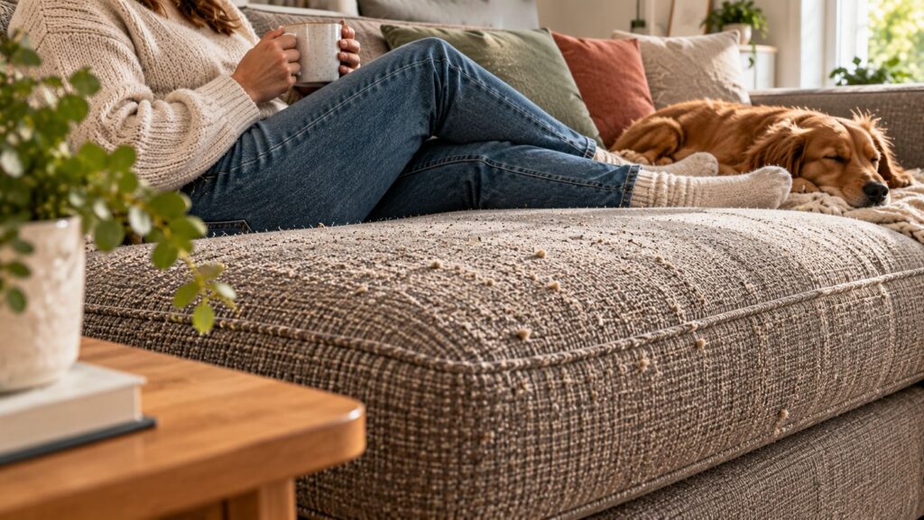 Person relaxing on a grey fabric sofa with a sleeping dog, showing fabric bobbling caused by everyday use and friction.