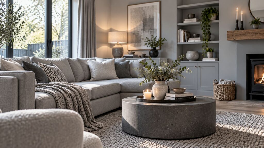 Modern living room featuring soft grey walls, a light grey fabric sofa, textured cushions and a round stone coffee table.