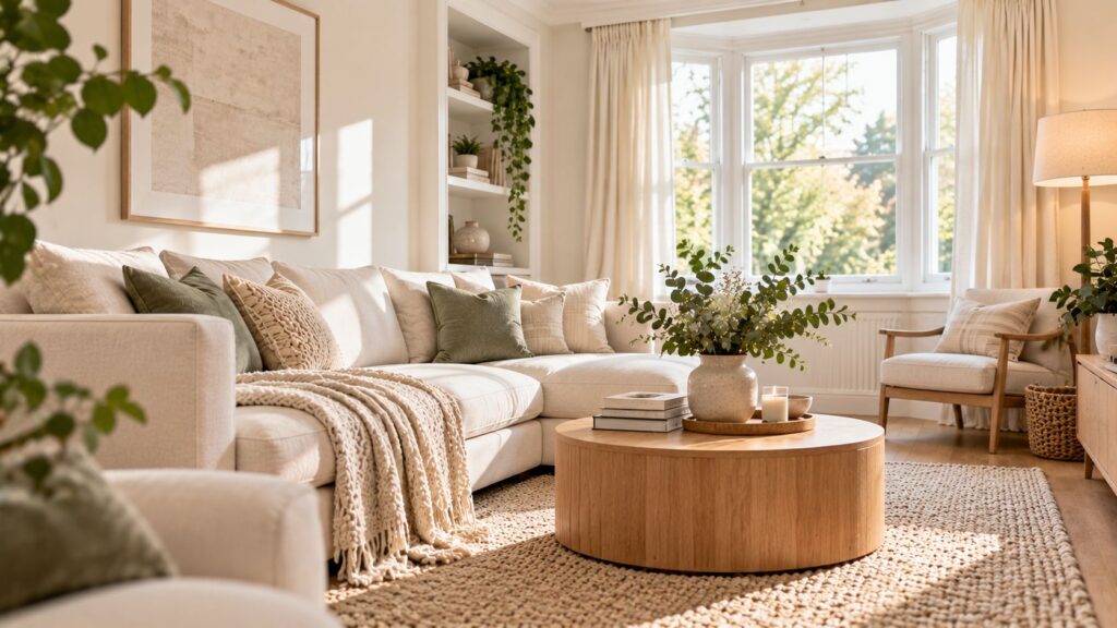 Small living room with soft white walls, cream upholstered sofa, neutral cushions and light wooden furniture in natural sunlight.