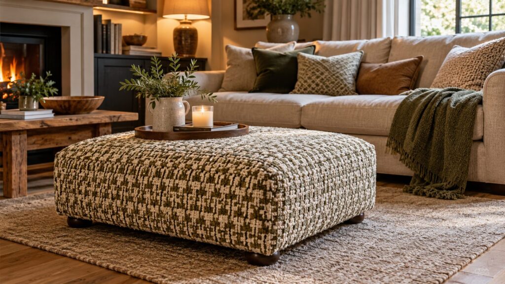 Large upholstered footstool featuring textured green and cream fabric, paired with a neutral sofa and soft furnishings.